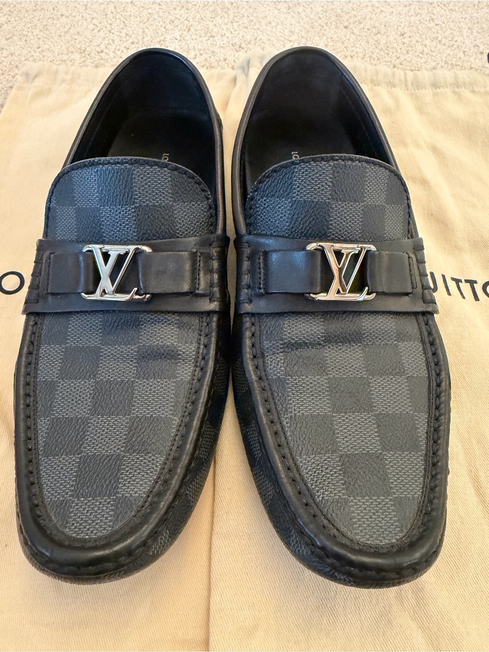 Louis Vuitton Hockenheim moccasins in Damier Graphite canvas with silver-tone LV